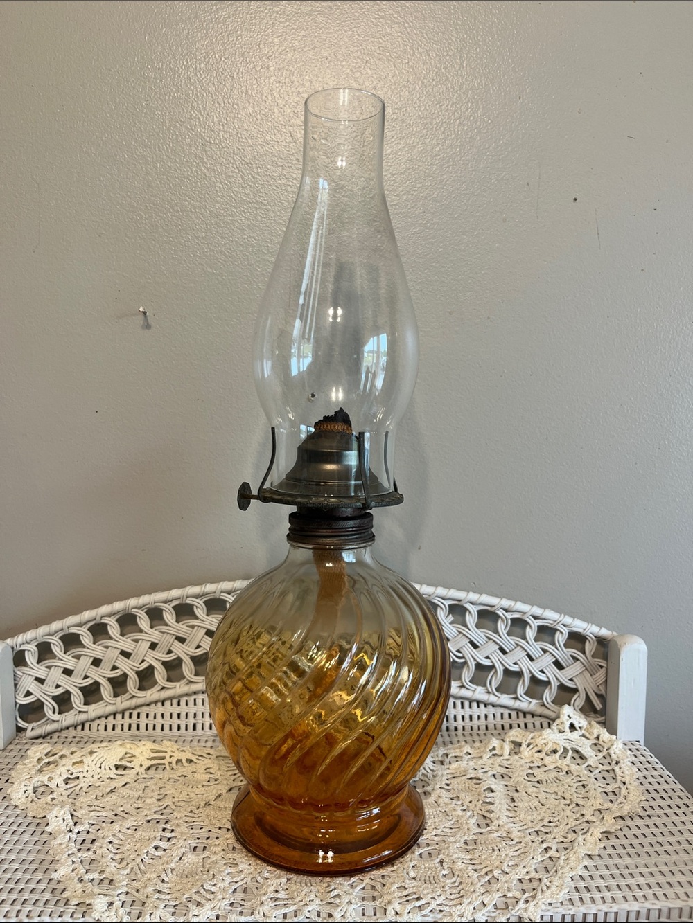 Vintage Kaaden Amber Swirl Glass Oil Lamp